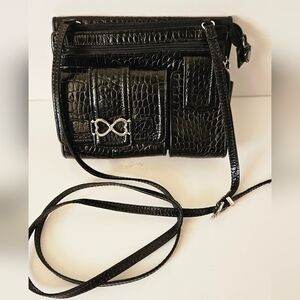 VINTAGE Brighton Embossed  Black Leather Cross Body Shoulder Bag Purse Handbag